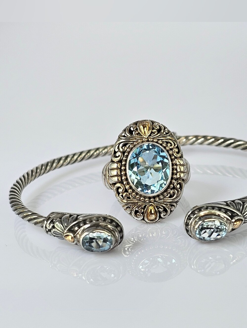 Set Natural Sky Blue Topaz Ring & Bracelet in 18K & Sterling Silver Sz 8! - Picture 15 of 16